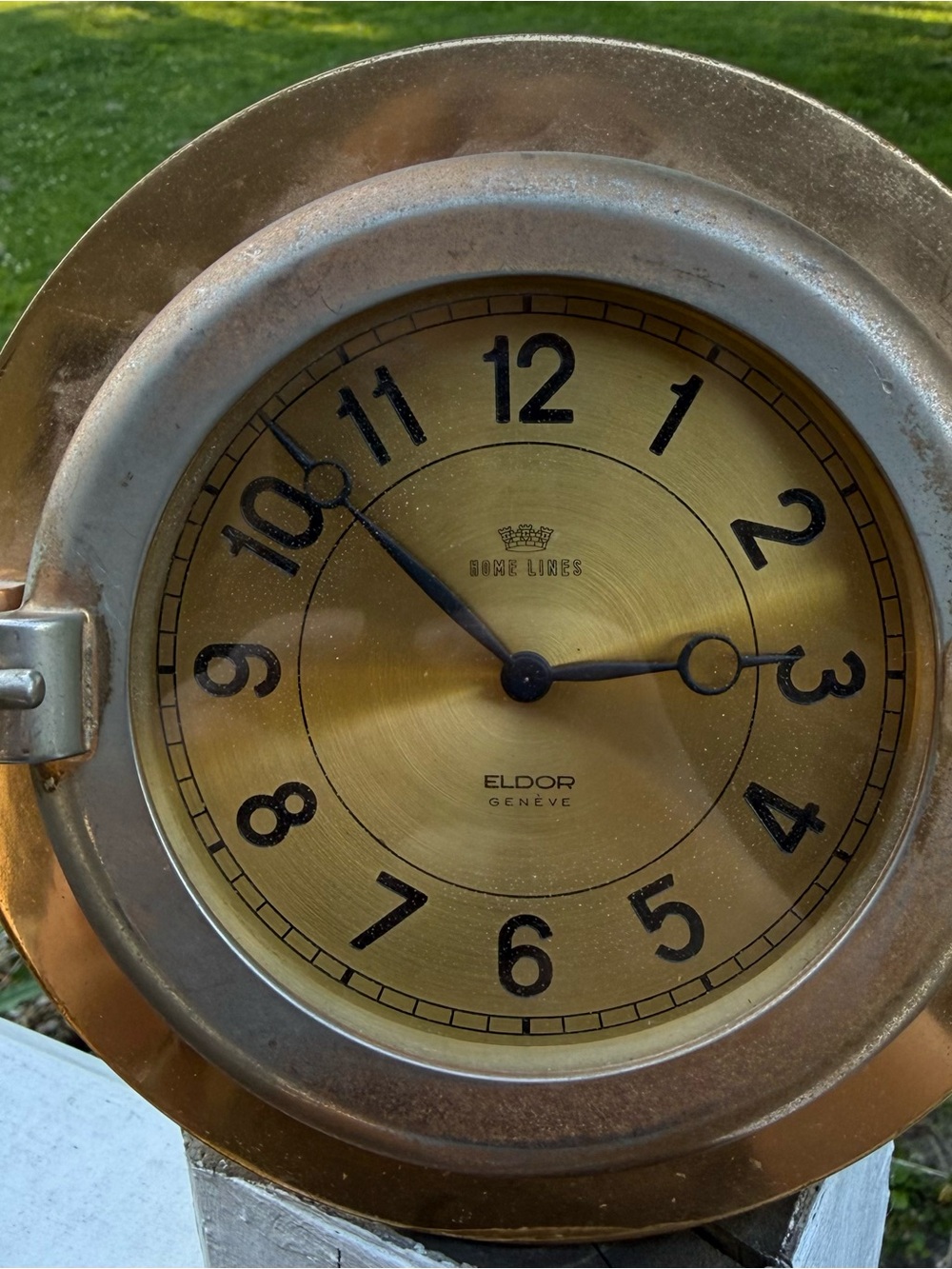 Brass porthole nautical Geneve Eldor Home Line Cruise Ship Clock